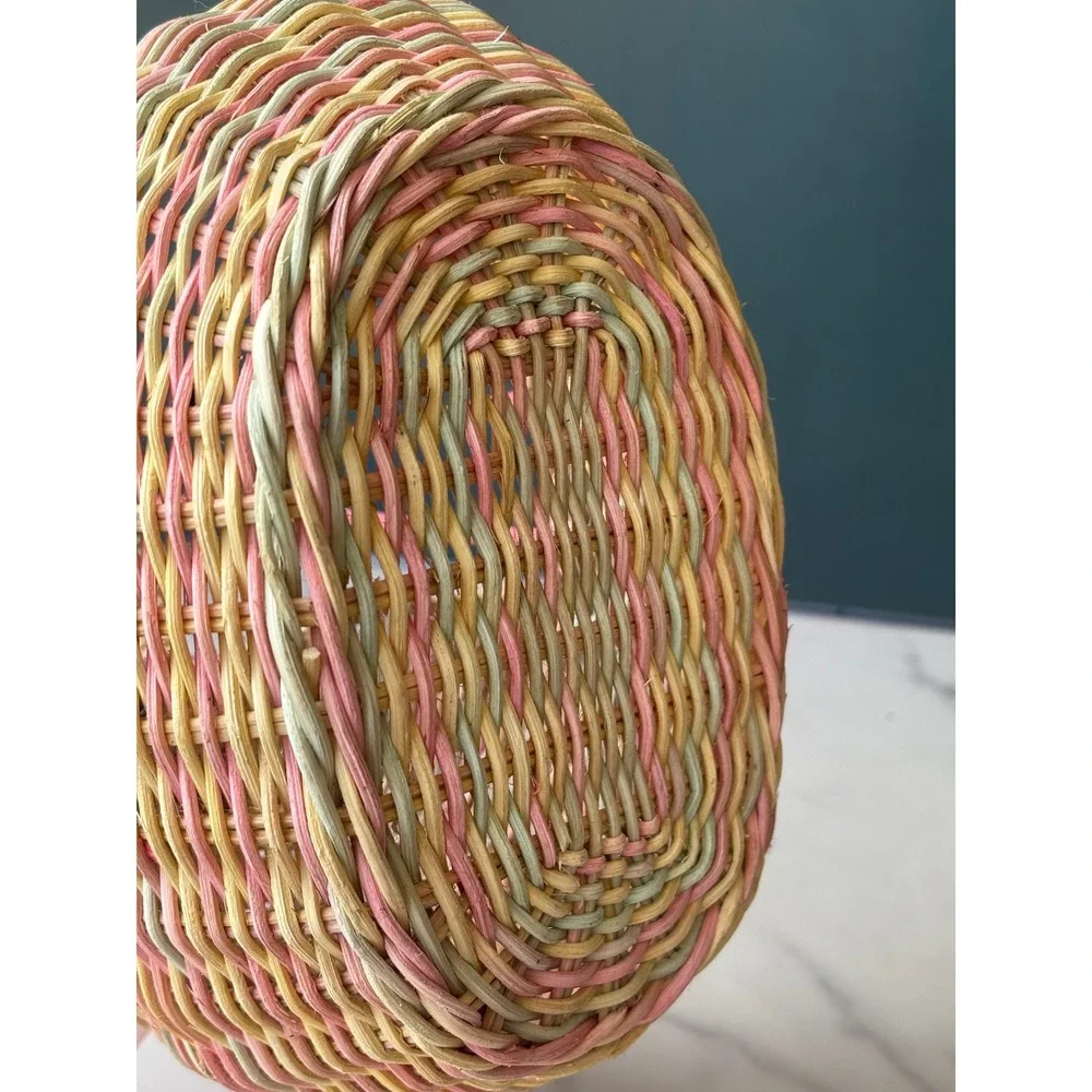 Vintage Pastel Wicker Bunny Easter Basket Pink Yellow Green Woven Rabbit Decor